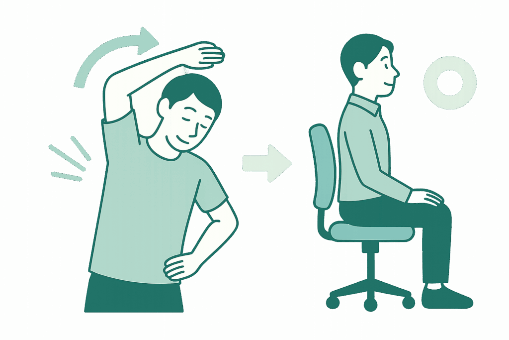 腰痛予防のためにストレッチする人と正しい姿勢で座る人を描いたセルフケアイラスト(たい整骨院)