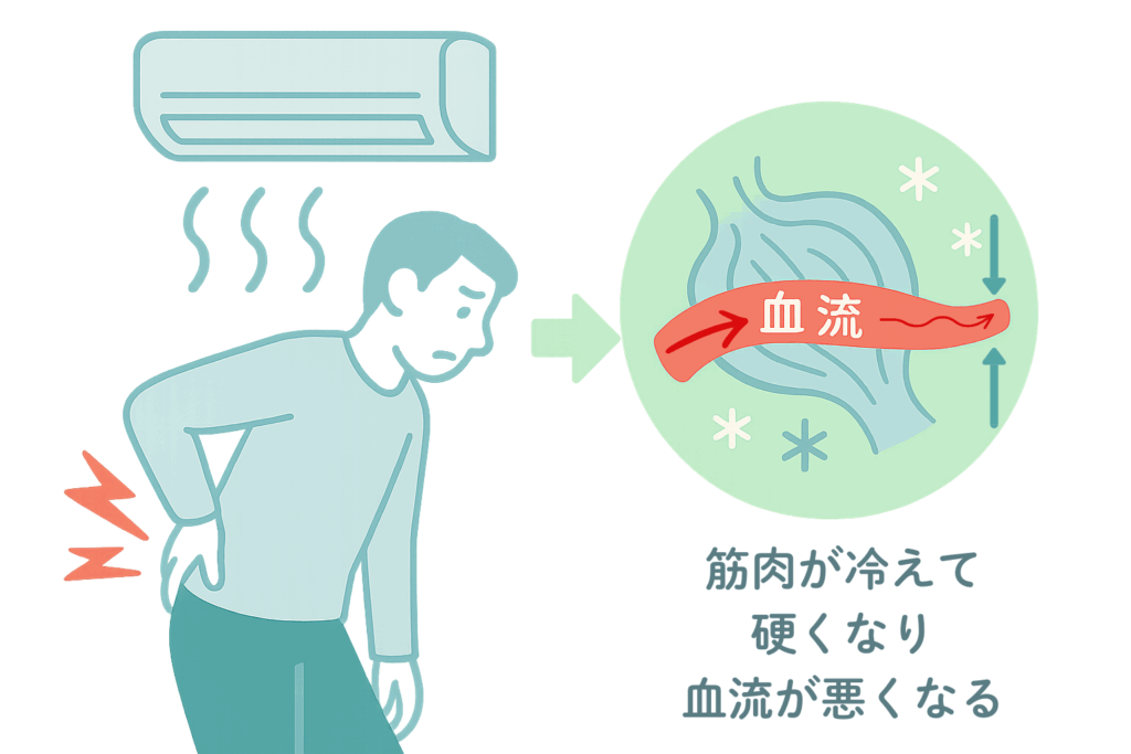 筋肉が冷えて硬くなり血流が悪くなる様子を示したイラスト(たい整骨院)