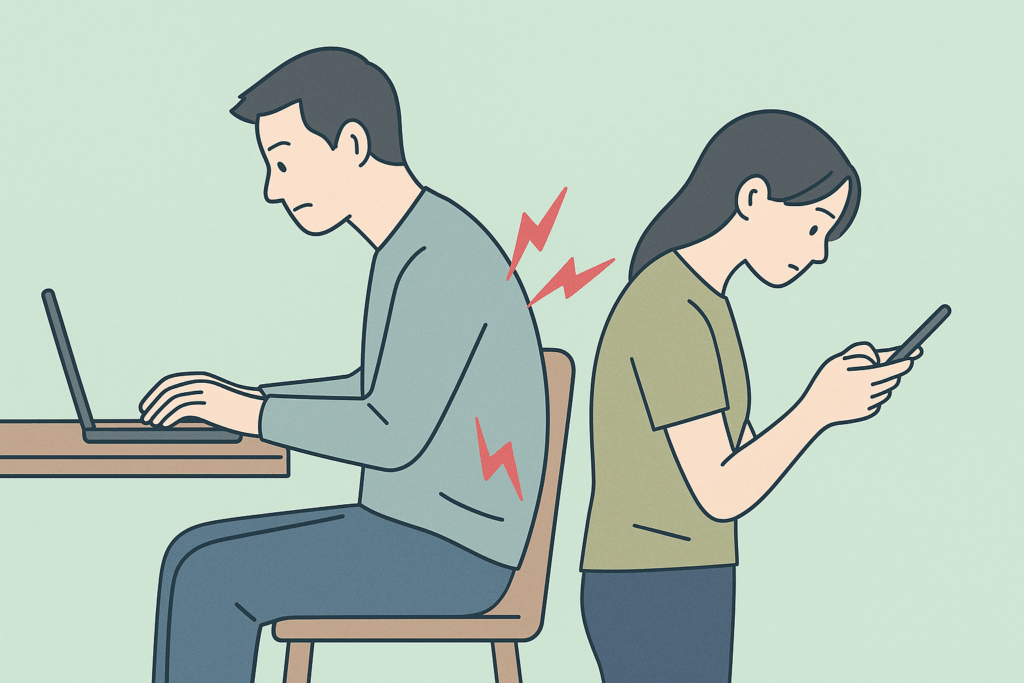 「前かがみ姿勢や長時間スマホによる腰の負担を説明するイラスト|岡山市たい整骨院」