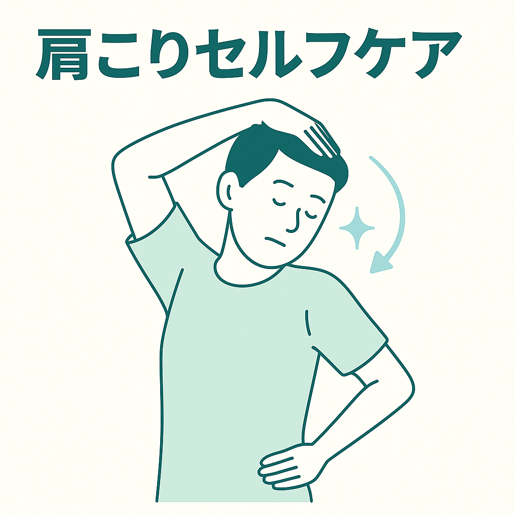 肩こりセルフケアのストレッチをしている人物のイラスト(たい整骨院)
