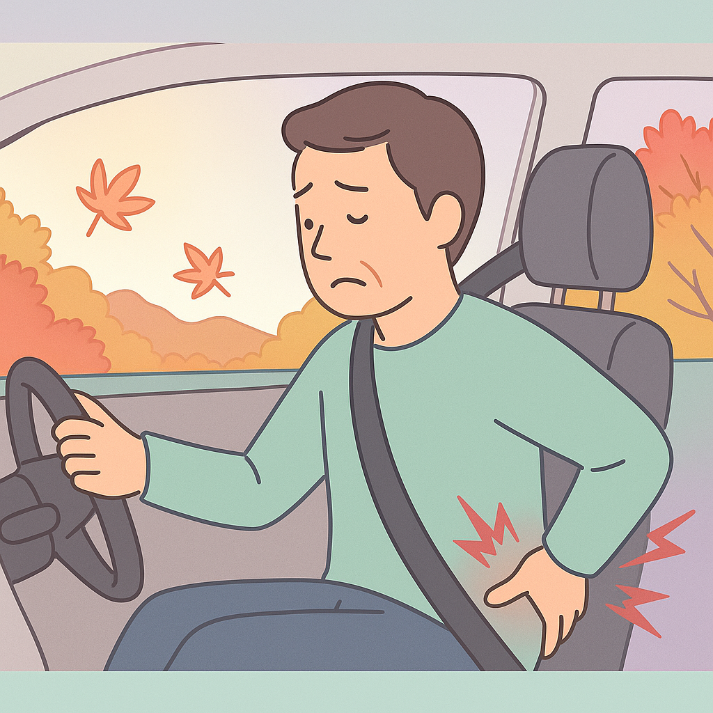 秋の行楽ドライブと腰痛リスクを表したイラスト｜岡山市たい整骨院