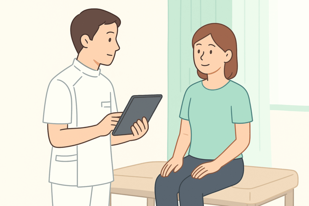 岡山市たい整骨院で姿勢をチェックし説明する柔道整復師のイラスト