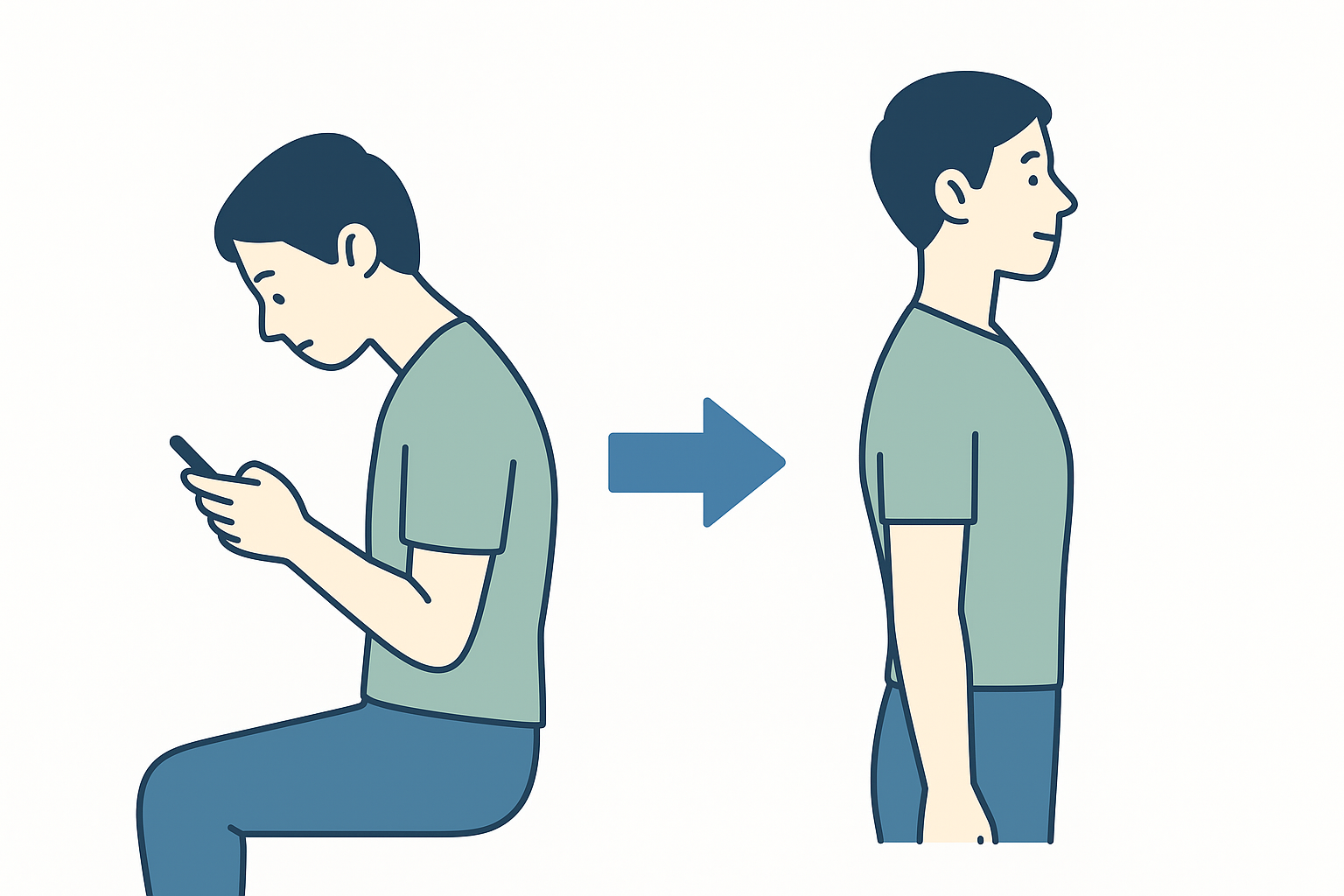 スマホ首や猫背による姿勢の乱れが肩こりを悪化させる姿勢比較イラスト|岡山市たい整骨院 セルフケア