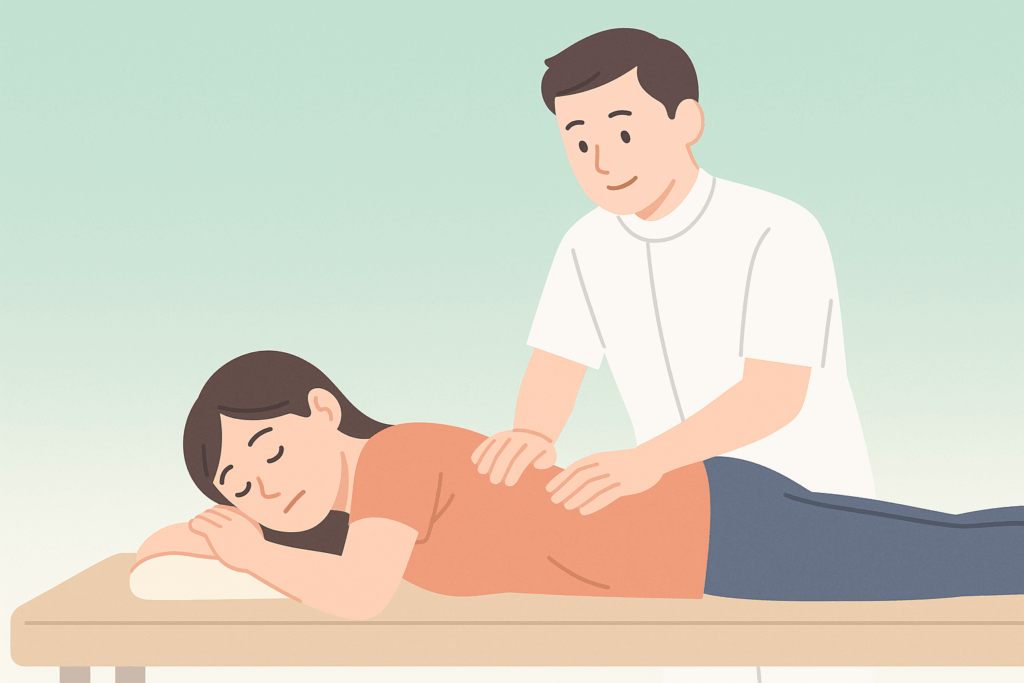 岡山市たい整骨院で行うギックリ腰施術風景イラスト｜柔道整復師による安心施術