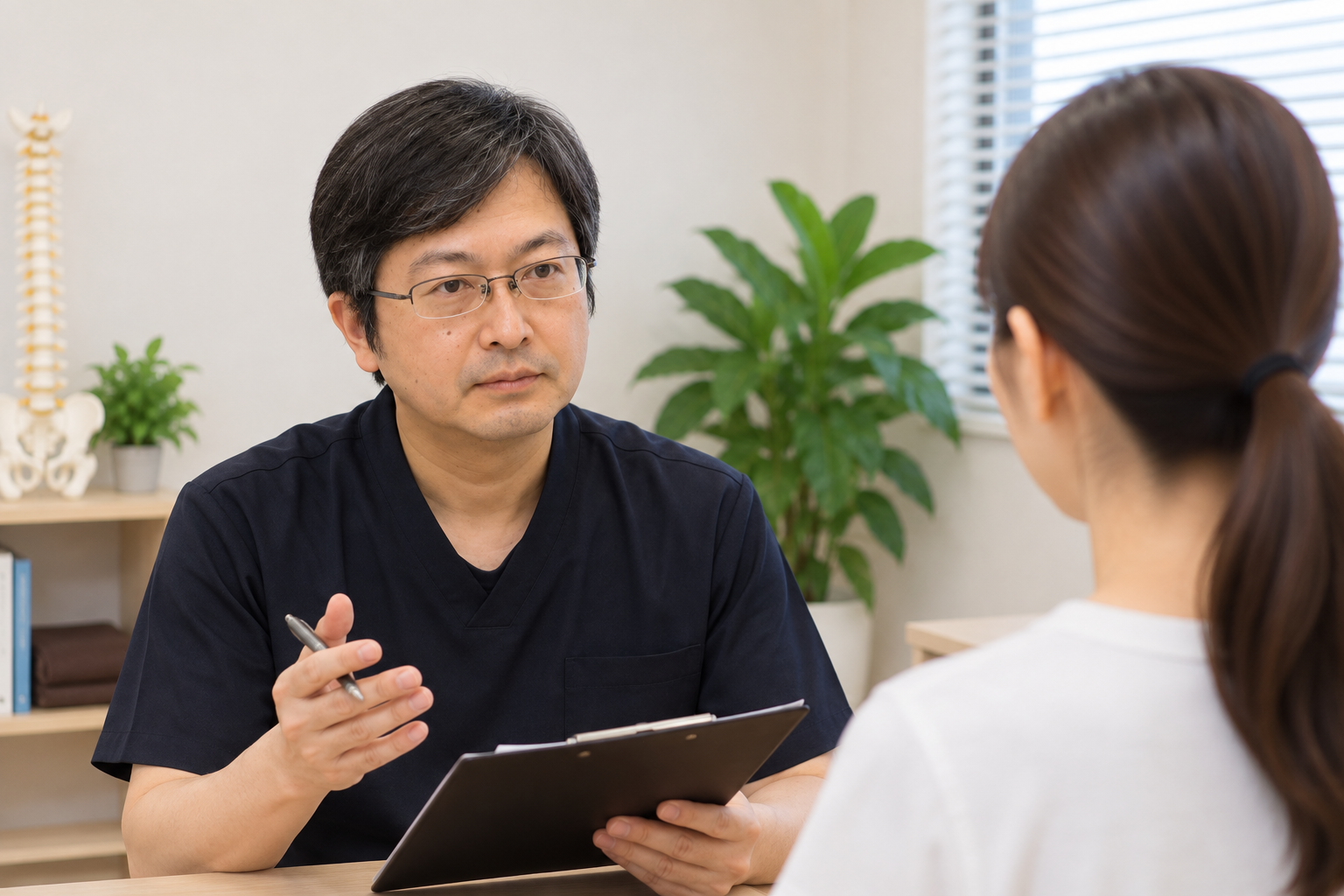 たい整骨院で側弯症の今後の取り組みについて患者さんに説明している様子