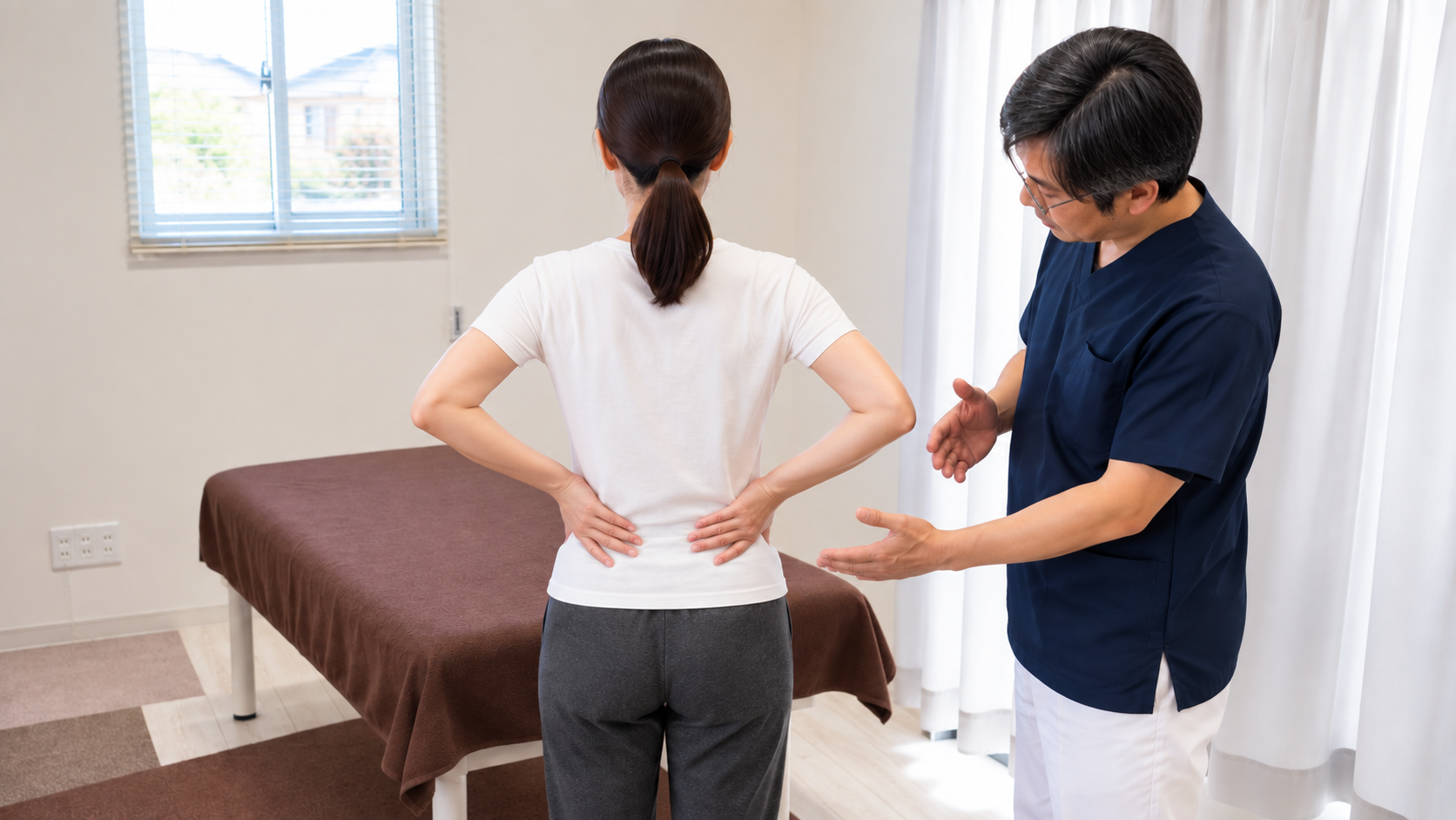 たい整骨院で側弯症体操の姿勢を確認している様子