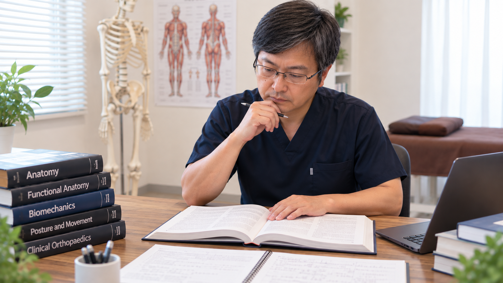 たい整骨院の院長が側弯症について医学書を読みながら考察している様子