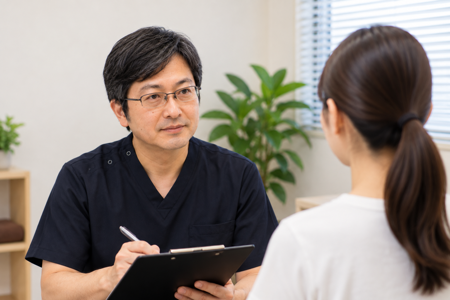 たい整骨院で側弯症について患者さんのお話をお聞きしている様子
