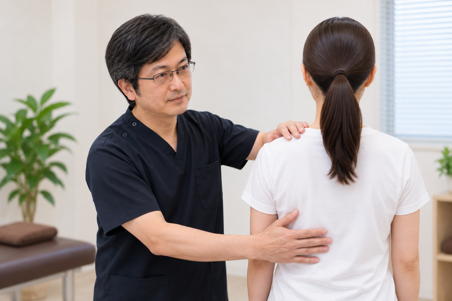 たい整骨院で側弯症の姿勢や身体全体の状態を確認している様子