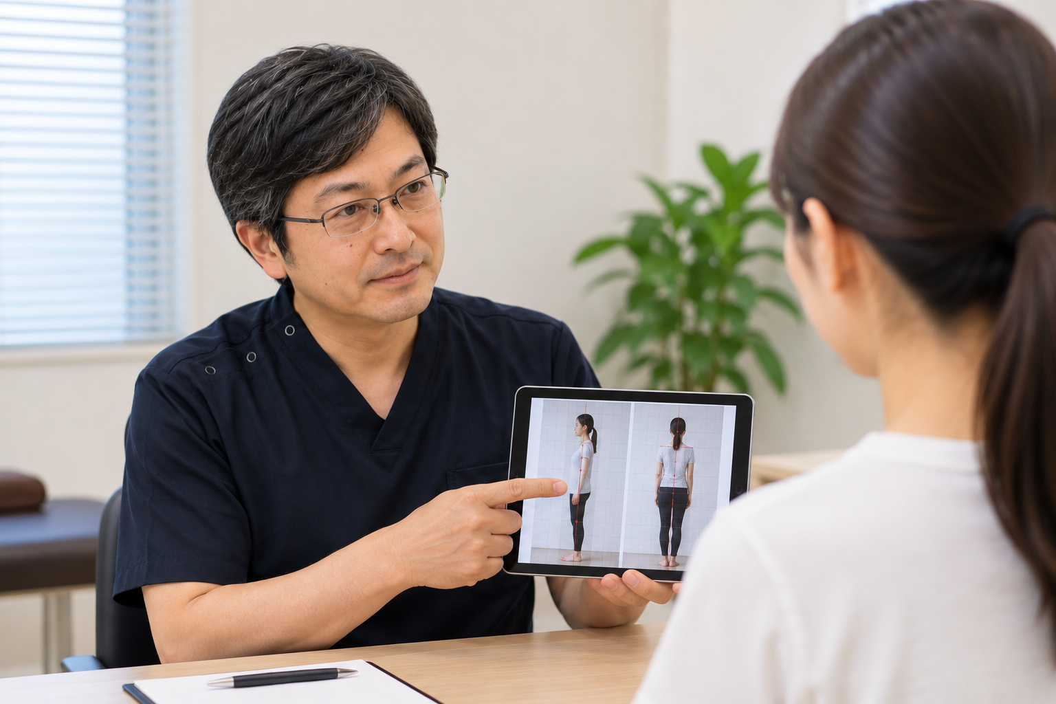たい整骨院で側弯症の身体の状態について患者さんに説明している様子