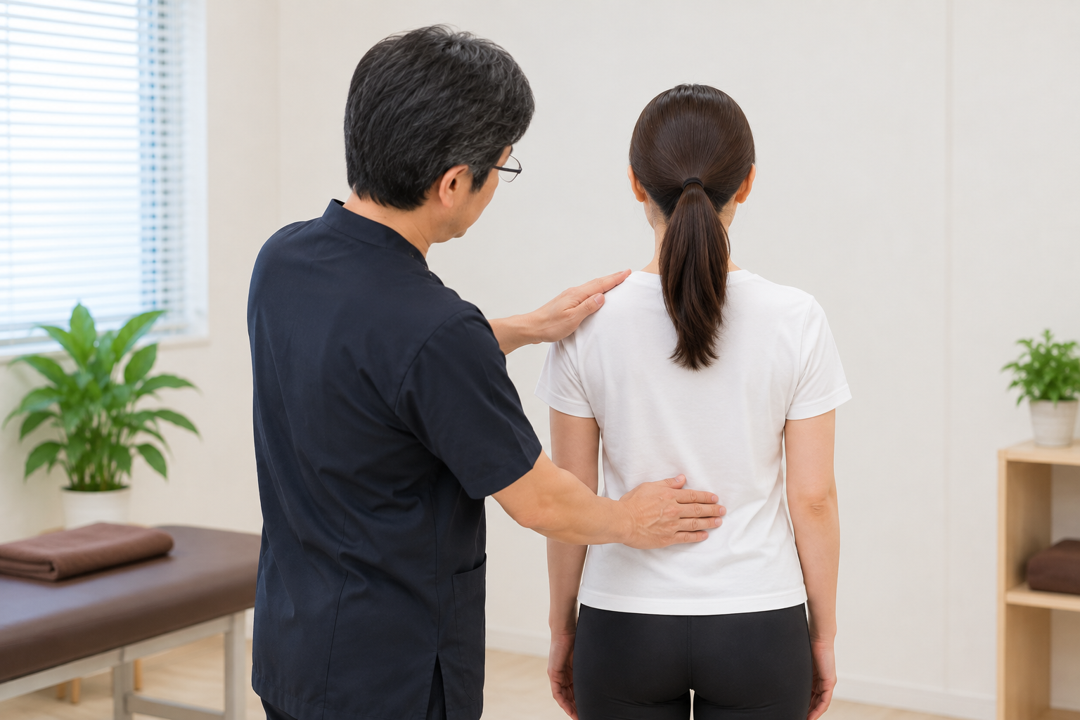 たい整骨院で側弯症の施術後に姿勢や身体の状態を確認している様子