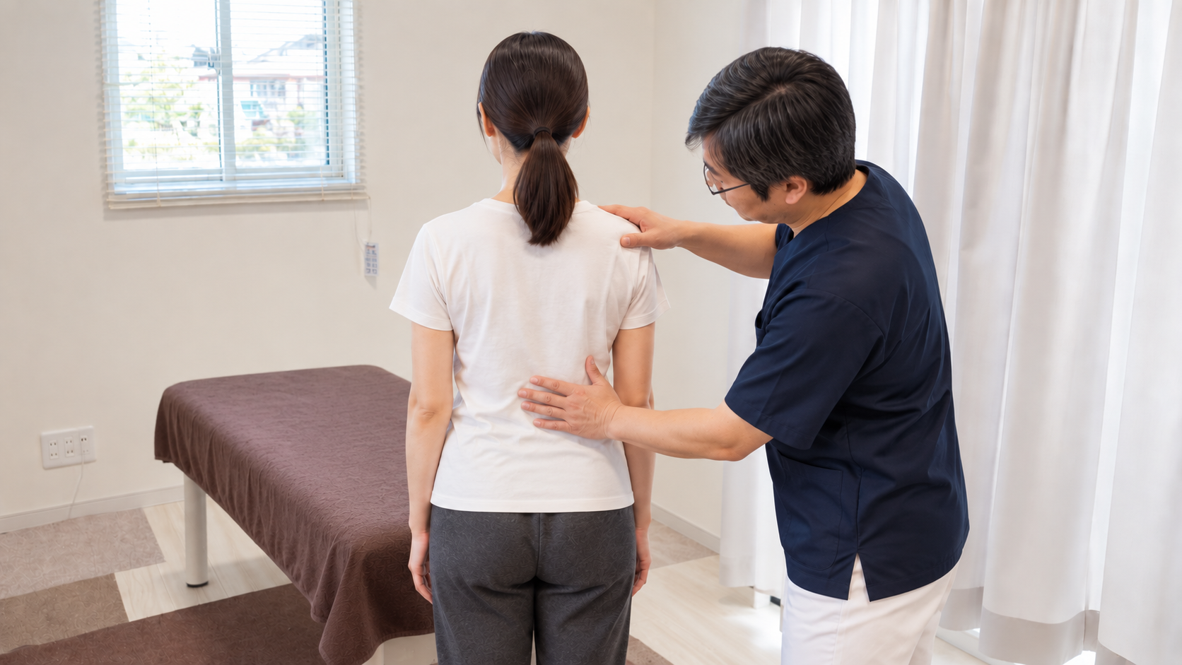 たい整骨院で側弯症の姿勢と身体全体の状態を確認している様子